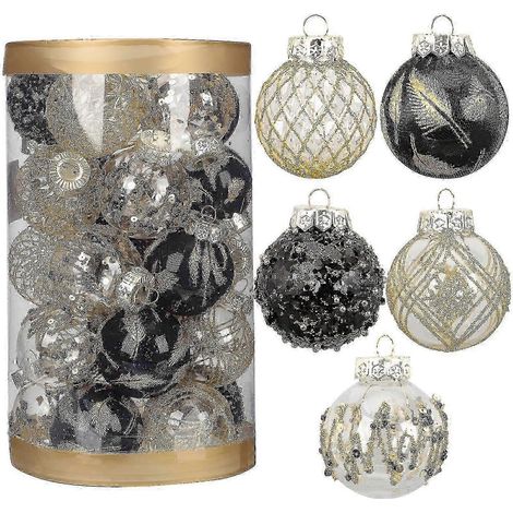 25 boules de Noël, boules à paillettes, boules noires et dorées pour sapin de Noël, décorations en plastique pour sapin de Noël à faire soi-même (1/4)