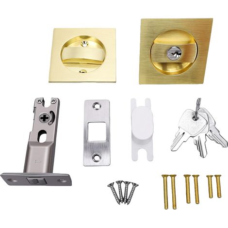 Kit de quincaillerie pour porte coulissante escamotable avec loquet coulissant et clés, pour portes de 3,5 à 5,8 cm d'épaisseur, couleur or. (1/5)