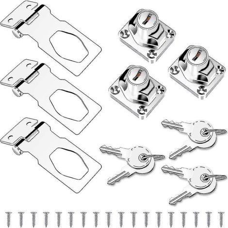 3 ensembles de loquet de serrure de porte avec clés, boucle de verrouillage de boulon de porte avec cadenas et vis