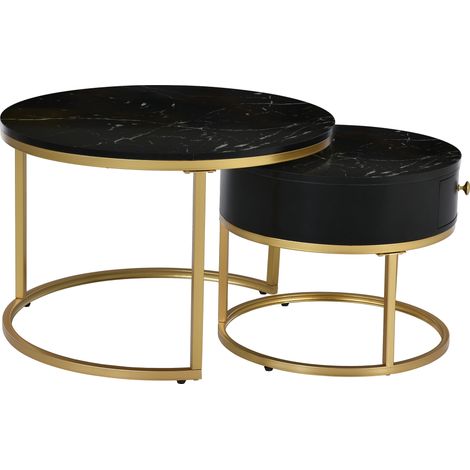 Table basse moderne emboîtable à motif marbre brillant, lot de 2 tables rondes, table d’appoint ronde emboîtable (1/5)