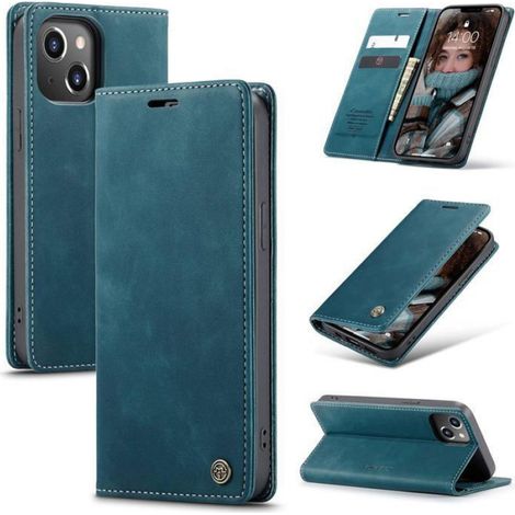 Coque iPhone 13 - Housse à Rabat avec Porte-cartes et Support Réglable - Cuir PU + Intérieur TPU - 6,1 Pouces - Bleu Vert (1/5)