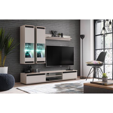 Ensemble meuble TV mural Modo avec vitrine - Bois MDF cachemire et noir - 175 x 150 x 37 cm - Livraison gratuite (1/3)