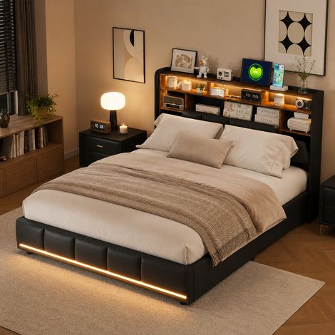 Cadre de lit 140x200, Lit coffre avec éclairage led, usb et étagère de rangement, Lit adulte pour 2 personnes, noir pu sans matelas (1/5)