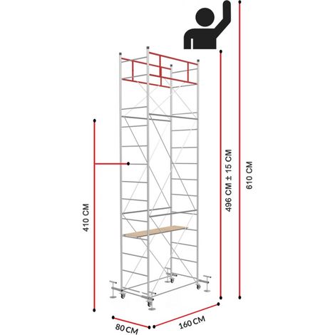 Scedil – Échafaudage 4 vérins de mise à niveau – Hauteur de travail 6,10 m – Acier galvanisé électrolytique – Charge maximale 95 kg