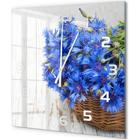 Grande Horloge Murale Carrée pour Cuisine Verre Trempé Silencieuse Décoration Moderne Bleuets dans un panier 60x60 cm (1/5)