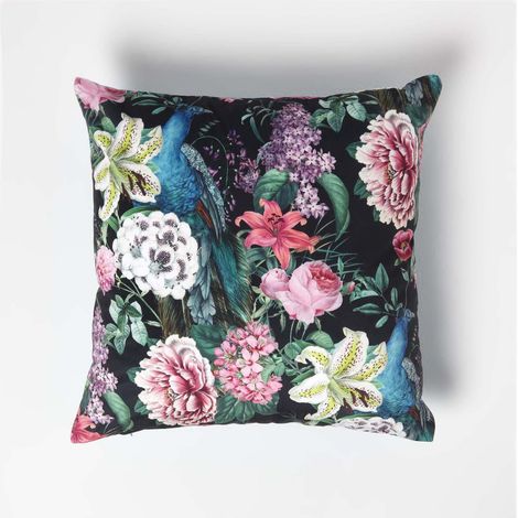 HOMESCAPES Floral Peacock Black & Teal Filled Velvet Cushion 46 x 46 cm