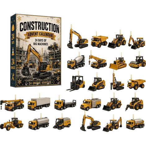 Calendrier de l'Avent Noël 2026 engins de chantier - 24 pièces pendentifs acryliques plats 2D avec pelles mécaniques et camions - compte à rebours Noël (1/5)