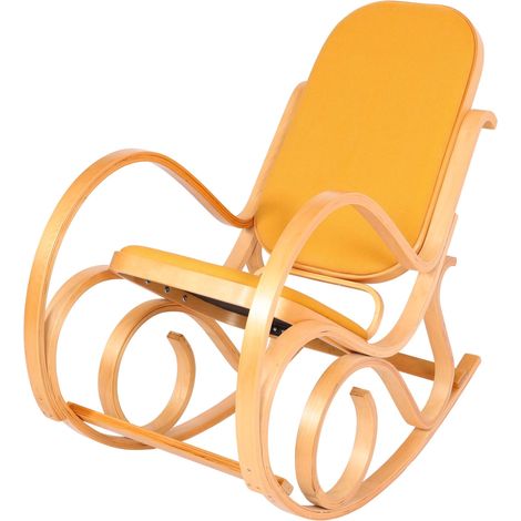 Schaukelstuhl Gallarate, Schwingsessel Fernsehsessel, Massiv-Holz Eiche-Optik, Stoff/Textil gelb
