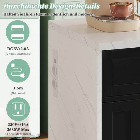 Îlot de cuisine 120×60×91 cm, prises électriques et ports USB, câble d’alimentation de 1,5 m, étagères réglables, poignées métalliques, porte-serviettes, coin bar, pour appartement et cuisine (1/5)