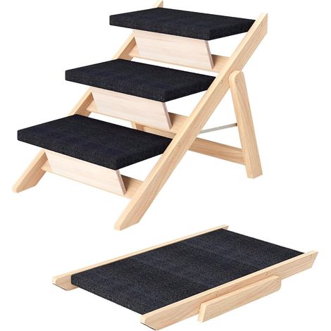 2-in-1 Wooden Dog Walking and Ramp, Foldable and Portable for Small/Medium Dogs and Cats, Non-Slip Ladder for High Beds, Sofas and Cars (Black, 60 x 50 x 40 cm, 3) (1/5)