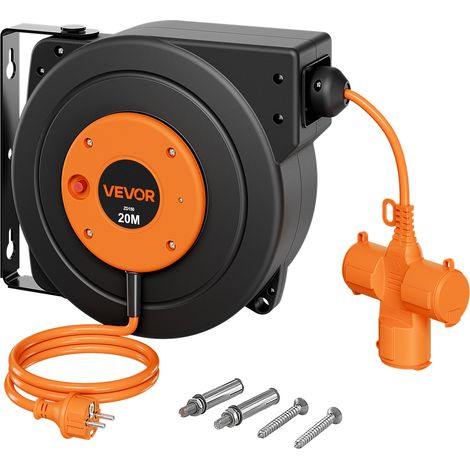 VEVOR Enrouleur Electrique Automatique 20 m 1,5 mm² Rallonge Retractable pour Montage Mur Plafond, Protection Surchauffe, Cable Alimentation Orange, avec Connecteur a 3 Prises, Support Pivotant 180° (1/5)