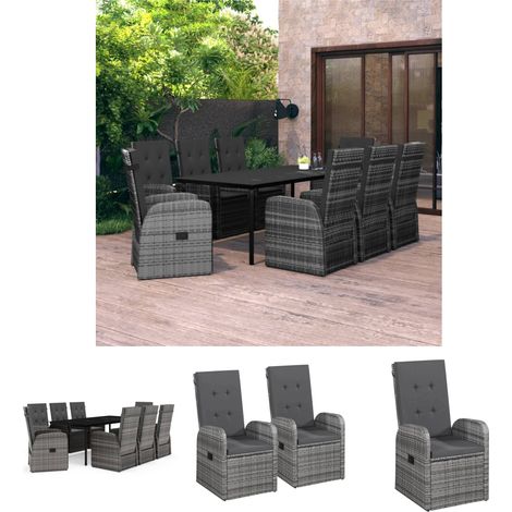 Gartenstühle - vidaXL 9-tlg. Garten-Essgruppe mit Auflagen Grau - Gartenstuhl (1/5)