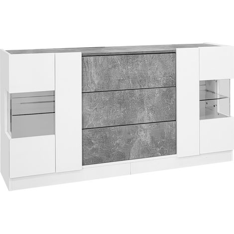 Aparador 2 puertas 3 cajones con LED 16 colores blanco brillo mármol gris 140x35x75 cm (1/5)