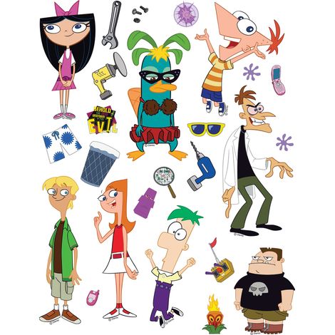 sticker mural Phinéas et Ferb vert, bleu, rouge et rose  - Disney