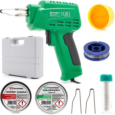 Set di saldatore a trasformatore da 150W ZD-507F in custodia + 2 punte, 2x stagno, 2x colofonia, pasta saldante