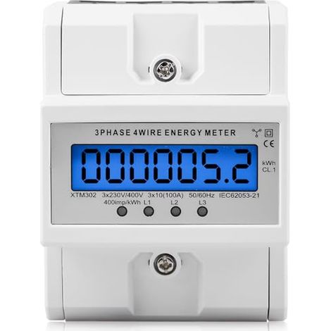 Medidor de electricidad trifásico de 4 hilos, medidor trifásico de 230/400 V 3 x 5-100 A, medidor de electricidad digital LCD, medidor de corriente intermedio para riel DIN