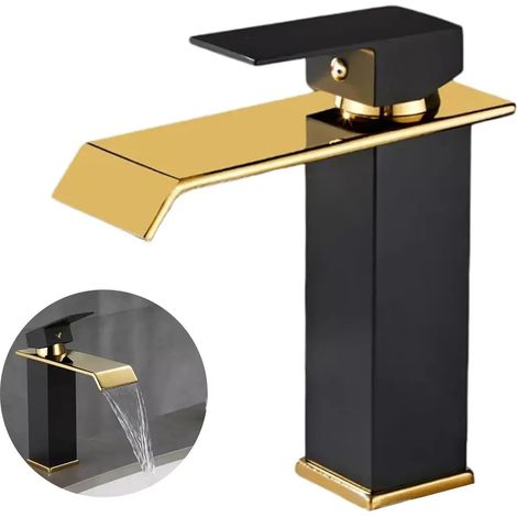 Robinet mitigeur monocommande cascade pour salle de bain noir et or (1/5)