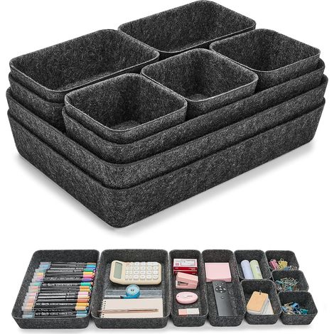 Organisateur de Tiroir 9 Pièces en Feutre - Boîtes de Rangement Empilables pour Bureau, Maquillage, Bijoux, Coiffeuse, Accessoires - Noir (1/5)