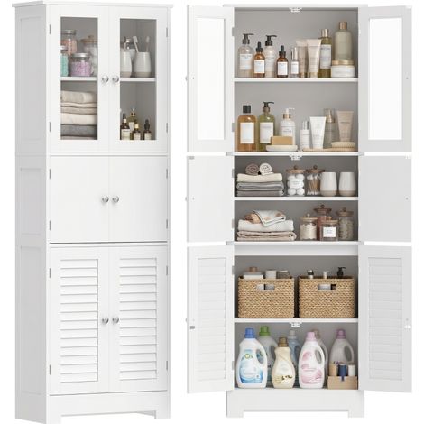 Meuble de salle de bain haut, meuble de rangement avec 6 portes dont 2 vitrées et 2 persiennes, étagère réglable, blanc (1/5)