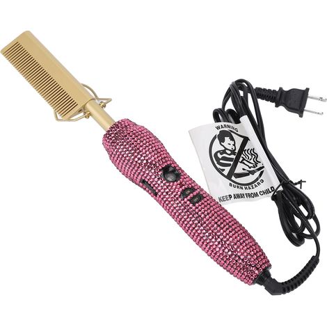 Brosse lisseuse cheveux rose rouge, peigne chauffant rapide avec strass élégants, lissage professionnel 110V prise US, coiffage facile. (1/5)