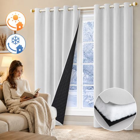 HEMVOR Rideau occultant thermique phonique 3 couches 405 g/m² 132 x 160 cm à œillets Blanc grisé (1/5)