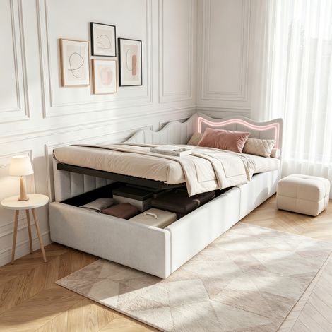 Lit banquette rembourré 90x200 cm, Tête de Lit Ondulée avec Bandeau LED, Velours teddy Blanc (sans matelas) (1/5)