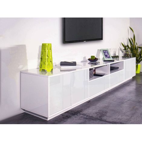 Dmora - Mobile porta TV Albak, Credenza bassa da soggiorno, Base porta televisione, 100% Made in Italy, cm 260x41h46, Bianco lucido (1/5)