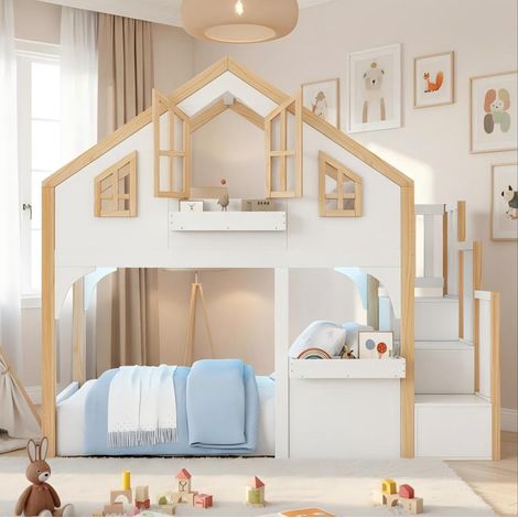 Letto a casetta per bambini 90 x 200 cm con LED e scala contenitore, bianco e naturale HAVRYA (1/5)