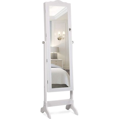 COSTWAY Armario para Joyas Espejo Joyero con 14 Luces LED Espejo de Cuerpo Entero con Cerradura Gabinete de Joyería de Pie Organizador para Anillos Cadena y Pendientes Blanco (1/5)