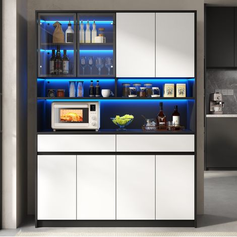 Credenza Alta con 8 Ante, 2 Cassetti e 2 Ripiani Aperti, Illuminazione LED, per Cucina, in MDF, Nero e Bianco (1/5)
