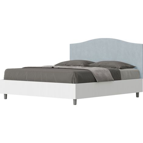 Letto Matrimoniale 160x190 cm con Rete e Contenitore Alzata Comoda Struttura Bianco Frassico e Testata in Microfibra Grace Azzurro (1/5)