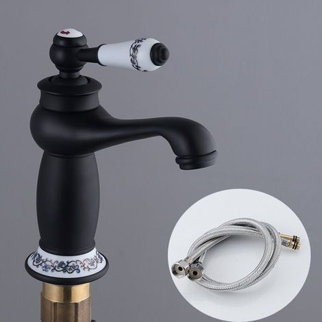 Noir Robinet Rétro de Lavabo Évier en Laiton Céramique Robinet Antique Vintage Mitigeur Robinet d'Eau Froide/Chaude Remplacement Décoration pour Cuisine Salle de Bain (1/4)
