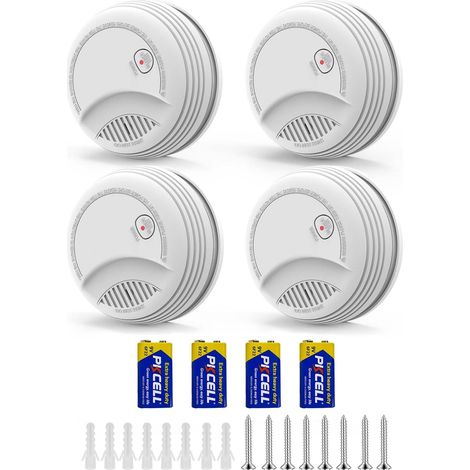 Lot de 4 Detecteur de Fumée – Alarme Incendie avec Pile 9V Remplaçable, Avertissement Batterie Faible, 85 DB, sans Fausses Alertes, Bouton Test et Silence, 10 Ans (4 pièces) (1/5)