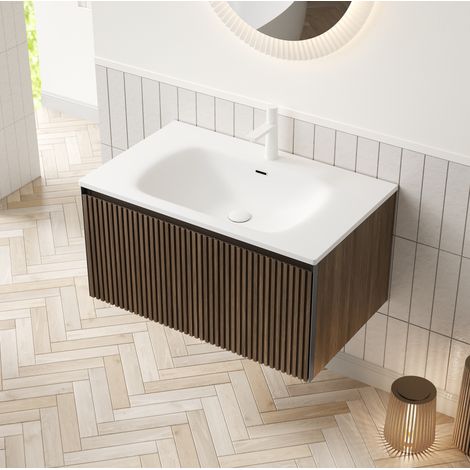 Meuble vasque mural 80x46x40 cm en contreplaqué marron, vasque céramique, gain de place – MEUBLIV (1/5)
