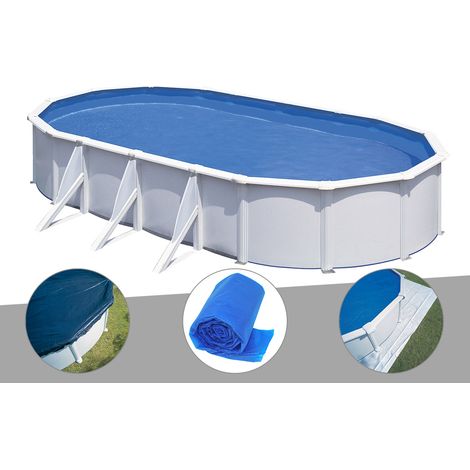 Kit piscine acier blanc Gré Fidji ovale 7,44 x 3,99 x 1,22 m + Bâche hiver + Bâche à bulles + Tapis de sol