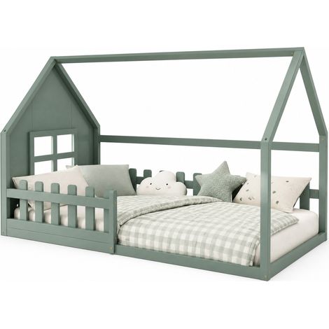 Lit cabane enfant 90 x 200 cm vert, cadre en bois de pin et MDF, design maison ludique, sommier à lattes, livraison en 2 colis  CHICFURN (1/5)
