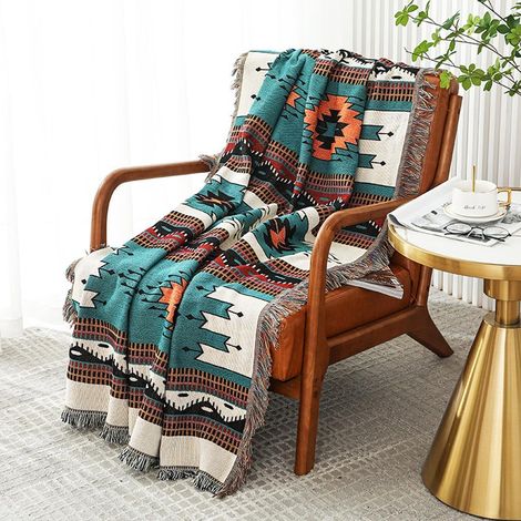 Boho-Decke im Azteken-Stil mit Bommeln, 160 x 220 cm, waldgrün, wendbar, für Zuhause/Büro/Reisen