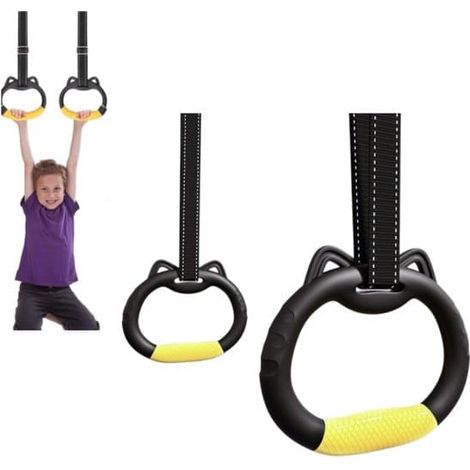 Anneaux de gymnastique pour enfants Jianwei (lot de 2) - avec sac de rangement - Anneaux de fitness - Anneaux de traction - 1,5 m - Noir - 1,5 m - Lot de 2 (1/5)