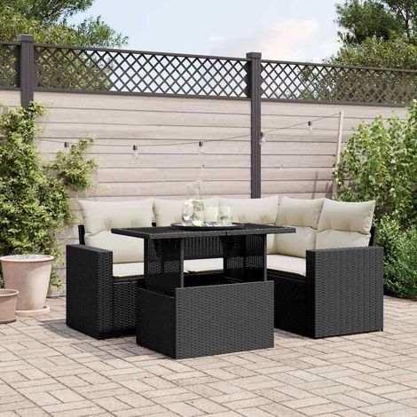 Ensemble Salon Jardin 5 Places Noir Résine Tressée avec Coussins Crème - Table Réglable Hauteur - Modulaire (1/4)