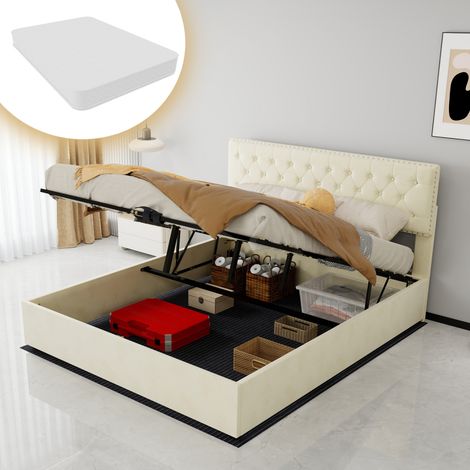 Lit coffre 160x200 cm avec matelas, rangement à vérin hydraulique, velours beige et sommier à lattes, pour chambre (1/5)