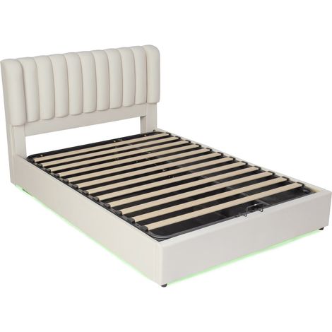 Lit coffre enfant en velours beige 140 x 200 cm avec 3 tiroirs et LED (1/5)