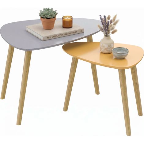 Lot de 2 tables gigognes scandinaves, plateau en bois et pieds bois, design épuré, gris et jaune (1/5)