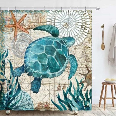 Rideau Douche 180180 cm, Rideau de Douche Tissu Anti Moisissure Séchage Rapide pour Salle de Bain, 3D Rideaux de Douche Baignoire Polyester Lavable (Tortue) (1/5)