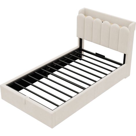 Cama infantil 90 x 200 cm con arcón hidráulico, somier y cabecero tapizado beige (1/5)
