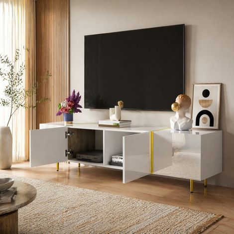 Mueble TV 170x35x46 cm en MDF blanco brillante con almacenaje para salón FloraGrace (1/5)