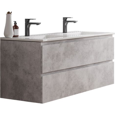 Bernstein – Meuble double vasque suspendu 120x46x50cm – MDF gris béton – Lavabos céramique blanc brillant – 2 tiroirs – Montage mural