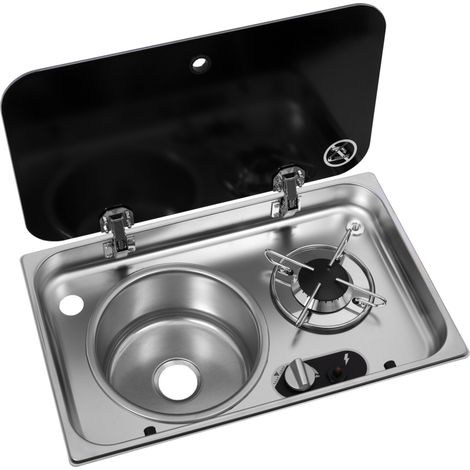 Estufa de gas de 1 fuego empotrada con tapa de acero inoxidable + fregadero a la izquierda 526 × 326 - Navy Load