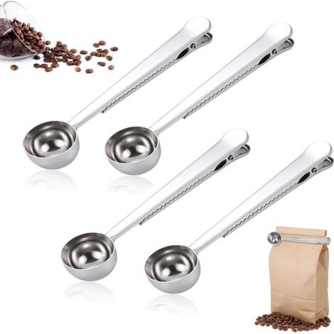 Juego de 4 cucharas de café plateadas con clips de cierre, cucharas medidoras duraderas para café, té, proteína en polvo, azúcar y harina. (1/4)
