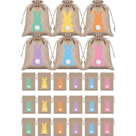 Sacs cadeaux - 10 x 15 cm - Motif lapin - Polyester - Idéaux pour emballer les cadeaux - Lot de 24 - Réutilisables - Sacs à cordon - Sacs distributeurs (1/5)