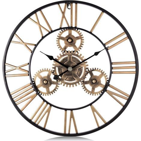 50cm 1 Pièces Horloge Murale Geante Métal, Engrenages Or Industrielle Silencieuse Pendule Murale Chiffres Romains Déco pour Salon Bar (1/5)